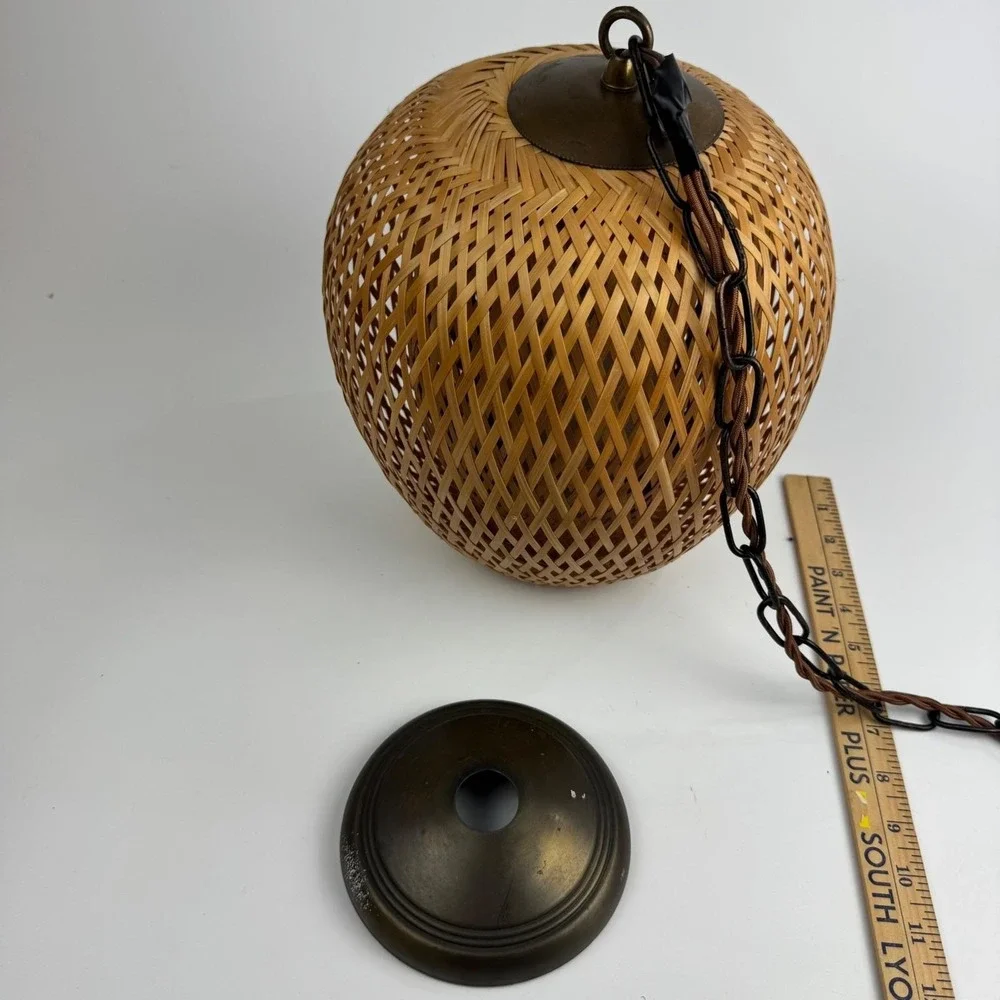 Vintage Woven Bamboo Swag Pendant Light MCM Boho Teardrop Hanging Lamp plug in